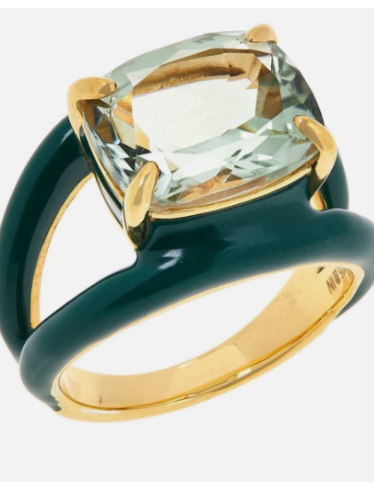 Rarities Gold Plated Ss Green Amethyst Prasiolite Stone W/Enamel Ring Size 8